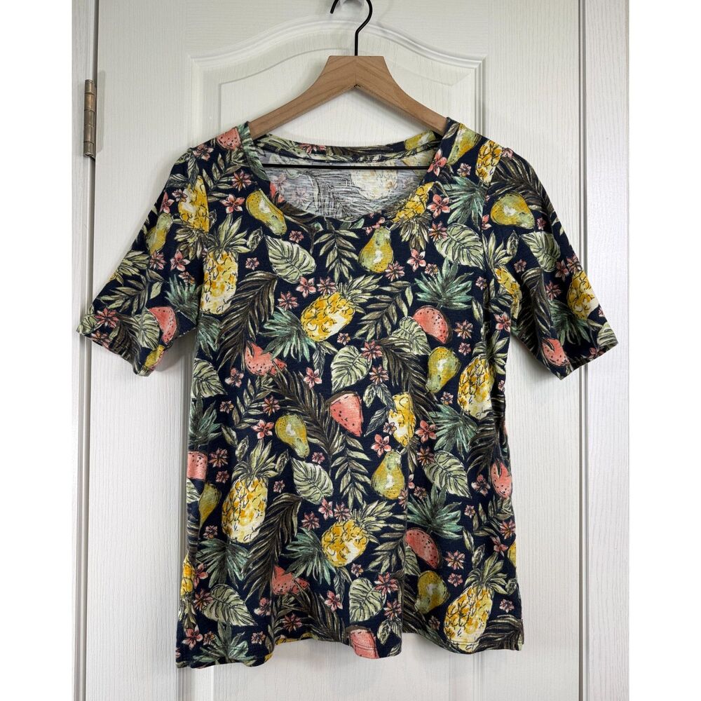 J. Jill Pima Cotton Tropical Fruit Print Scoop Neck Tee Shirt Women's Small
